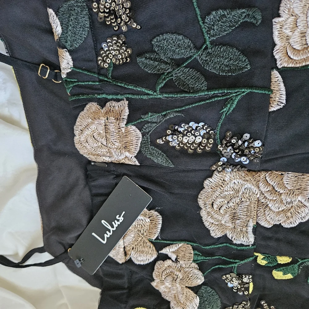 Lulu's Black Mini Dress with Yellow & Blush Floral Embroidery - Picture 6 of 7
